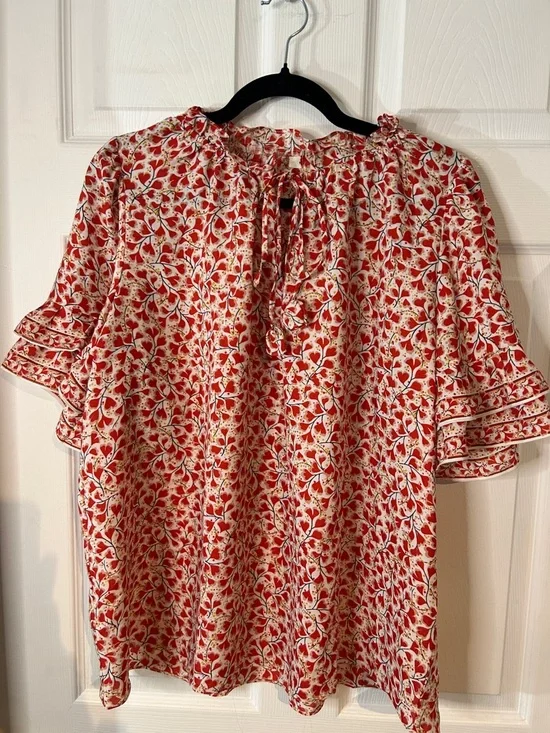 Max Studio Red Floral Tie-Neck Flutter Sleeve Blouse - Picture 1 of 9